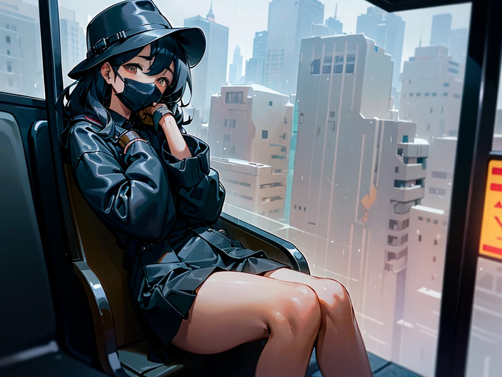 A yellowish tan-skinned Indonesian teenage girl with black curly hair and brown eyes sitting all alone on the far end of a city bus seat, next to the window as it visibly rains outside, setting a somber mood. The girl is wearing an all-black outfit consisting of a leather coat that's fully buttoned up, leather gloves, a skirt, fully opaque tights, ankle-high boots, a fedora, and a black face mask tightly sealed against her face, fully concealing her nose and mouth. She also has her chin resting on her hand close to the window and is noticeably depressed, while her other hand rests at her side. The atmosphere is very depressing.