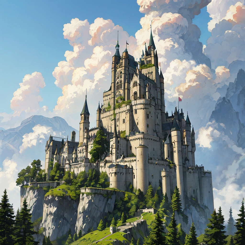 A massive bright fantasy castle stands on a sloped grassy mountain overlooking fields, hills and forests, under a pale blue sky with puffy clouds. high fantasy, epic, gothic architecture, towers, castle, fortress, white stone, marble, landscape, rocks, forests, mountains, hills, conifers, well lit, masterpiece, painting, realism, calm, magnificent, high quality, sense of scale