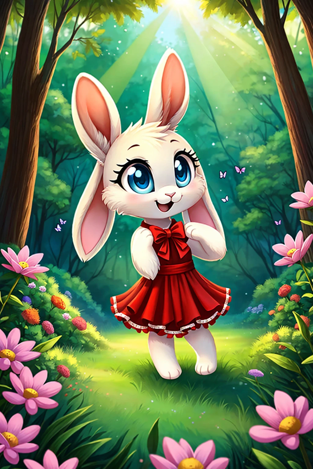 zoomed out image, ((solo character)), cute style art, fantasy style art, cute, adorable, short character, small, tiny little fluffy female white bunny with blue eyes, 4 ears, 2 extra ears, big floppy ears, long ears, ears perked up, raised ears, long eyelashes, poofy rabbit tail, wearing a red frilly ribbon dress, smiling, standing in a thick green forest, realistic forest, soft tones, big expressive smile, open mouth, wide eyes, excited eyes, excited face, looking at the scenery, looking at the trees in wonder, exploring happily, stunning visuals, sunlight coming through the trees, flowers scattered in the bushes, butterflies in the air, digital illustration