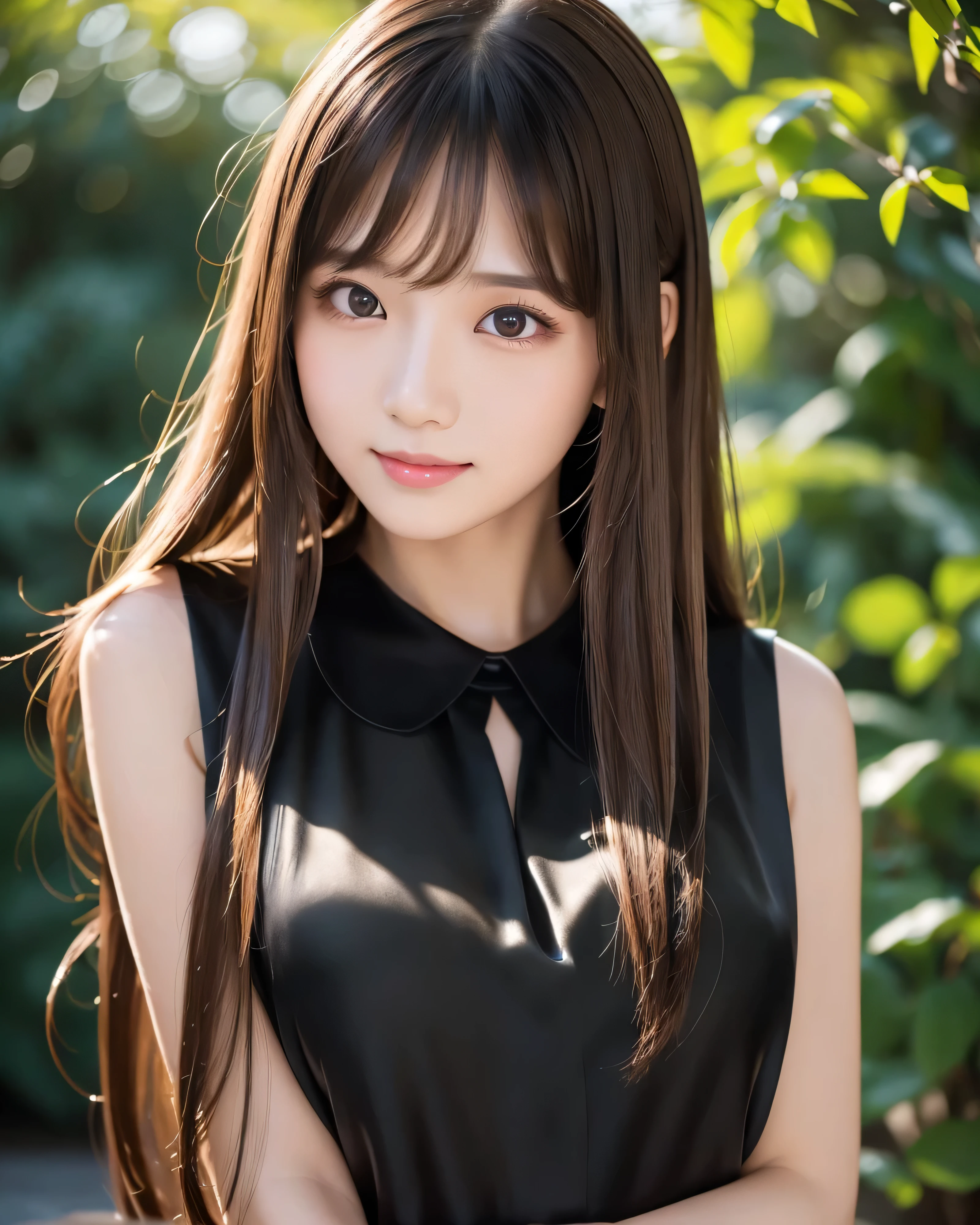 (highest quality, 32k, High resolution, Masterpiece:1.5, ), god々A photograph with brilliant dazzling and healing power., Evoking a sense of calm and elusive beauty, Expressing emotions, Have a rich imagination, Beautiful Japanese Girls, An exceptionally beautiful face, Perfect Human Anatomy, Magical big eyes, fleeting smile, Motherhood and generosity, Shiny brown hair:1.3, ((Beautiful super long straight silk hair)), Asymmetrical bangs, Hair between the eyes, Transparent, soft white skin, Neat, thin eyebrows, double eyelid, Natural Makeup, Cheek highlighter, Pale pink detailed lips, ((Sleeveless black blouse:1.4)), art gallery, Slim figure with ample breasts, High resolutionの美しい太もも, Blue lighting, Professional Lighting, Professional photographer, Professional models, God's Secret