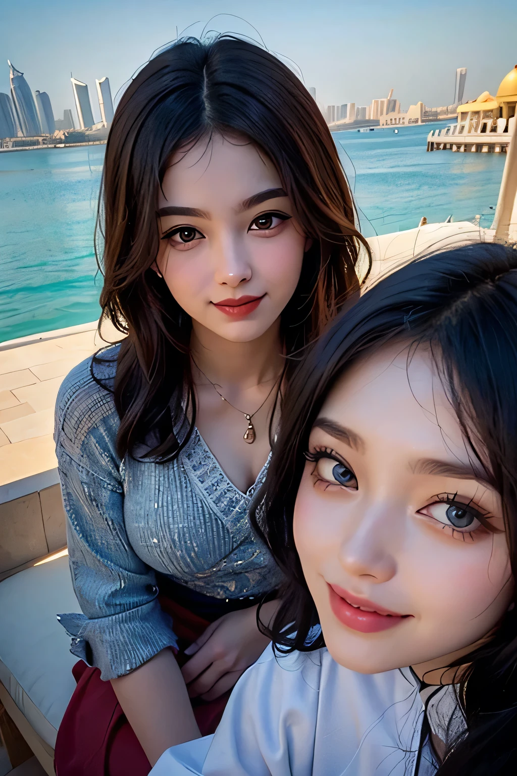 highest quality、High resolution、Detailed Background、(Beautiful face in every detail:1.4)、Anatomically correct、(Detailed facial expressions)、(Detailed eyes:1.2)、(Detailed eyes:1.2)、Beautiful women in their 20s、(Highly detailed face:1.4)、Brightly colored hair、well-groomed eyebrows、Cute Eye Makeup、Cute Lip Makeup、Cute clothes with little exposure、

(Two beautiful women smiling broadly while sightseeing in Dubai, with a famous spot in the background:1.5)、

Dubai is a world-famous tourist destination with many attractive spots.、
Burj Khalifa（Burj Khalifa）：It is the tallest building in the world and is a skyscraper at 828 metres high.、The observation deck offers a beautiful view of Dubai.、
The Dubai Mall（Dubai Mall）：The world&#39;s largest shopping mall with plenty of shopping and restaurants、There are plenty of movie theaters and、The mall also has entertainment facilities such as an aquarium and an ice skating rink.、
Palm Jumeirah（Palm Jumeirah）：An artificial island with a hotel and resort、Luxury homes line the streets、Resort facilities such as Atlantis The Palm and Aquaventures are particularly popular.