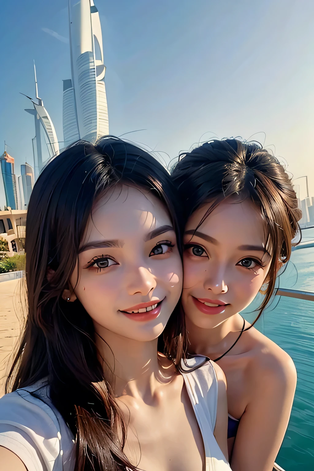 highest quality、High resolution、Detailed Background、(Beautiful face in every detail:1.4)、Anatomically correct、(Detailed facial expressions)、(Detailed eyes:1.2)、(Detailed eyes:1.2)、Beautiful women in their 20s、(Highly detailed face:1.4)、Brightly colored hair、well-groomed eyebrows、Cute Eye Makeup、Cute Lip Makeup、Cute clothes with little exposure、

(Two beautiful women smiling broadly while sightseeing in Dubai, with a famous spot in the background:1.5)、

Dubai is a world-famous tourist destination with many attractive spots.、
Burj Khalifa（Burj Khalifa）：It is the tallest building in the world and is a skyscraper at 828 metres high.、The observation deck offers a beautiful view of Dubai.、
The Dubai Mall（Dubai Mall）：The world&#39;s largest shopping mall with plenty of shopping and restaurants、There are plenty of movie theaters and、The mall also has entertainment facilities such as an aquarium and an ice skating rink.、
Palm Jumeirah（Palm Jumeirah）：An artificial island with a hotel and resort、Luxury homes line the streets、Resort facilities such as Atlantis The Palm and Aquaventures are particularly popular.