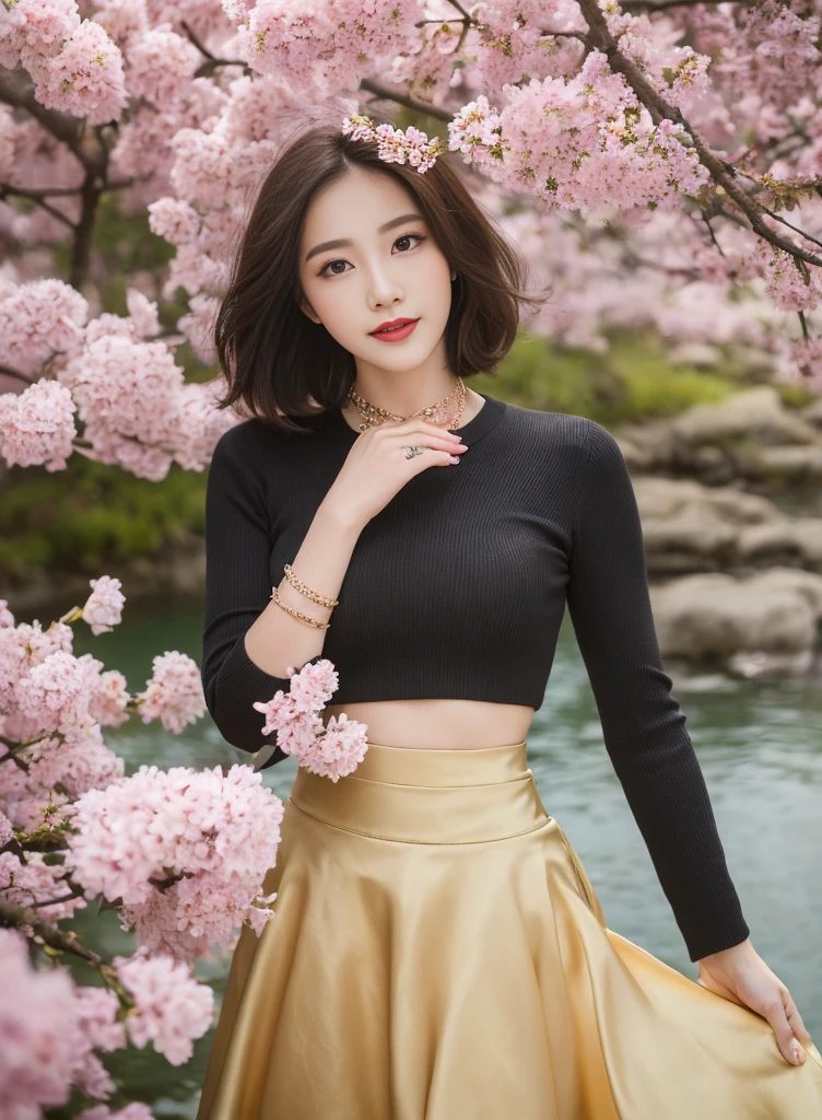 (8k、highest quality、masterpiece:1.2)、(Realistic、Realistic)、(One Girl)、alone、Beautiful golden eyes、Hair length、sit、Close to the audience、(expensive 、mini skirt、Gold Necklace、expensive heels:1.4)、smile、(Place your arms behind your back)、water、sunny day、(Cherry Blossom)、Snowy mountain lake in background、Looking up at the chest from below