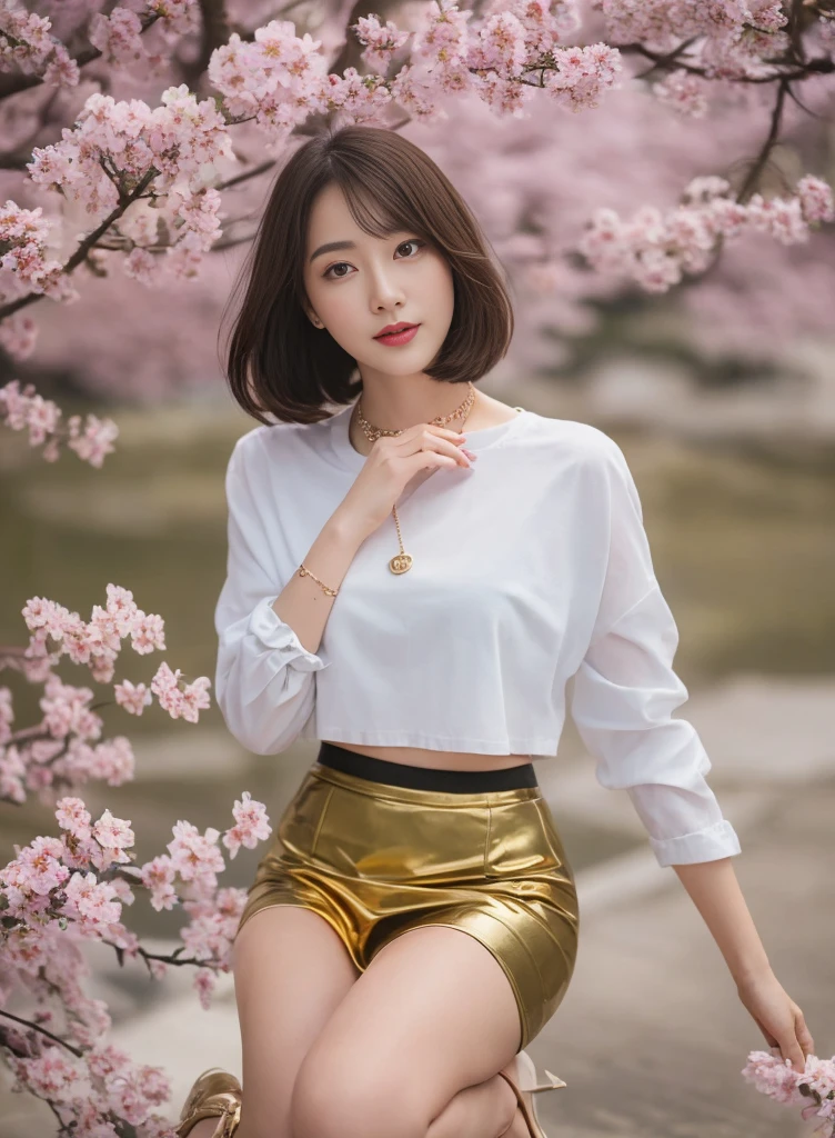 (8k、highest quality、masterpiece:1.2)、(Realistic、Realistic)、(One Girl)、alone、Beautiful golden eyes、Hair length、sit、Close to the audience、(expensive 、mini skirt、Gold Necklace、expensive heels:1.4)、smile、(Place your arms behind your back)、water、sunny day、(Cherry Blossom)、Snowy mountain lake in background、Looking up at the chest from below
