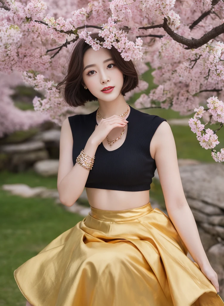 (8k、highest quality、masterpiece:1.2)、(Realistic、Realistic)、(One Girl)、alone、Beautiful golden eyes、Hair length、sit、Close to the audience、(expensive 、mini skirt、Gold Necklace、expensive heels:1.4)、smile、(Place your arms behind your back)、water、sunny day、(Cherry Blossom)、Snowy mountain lake in background、Looking up at the chest from below