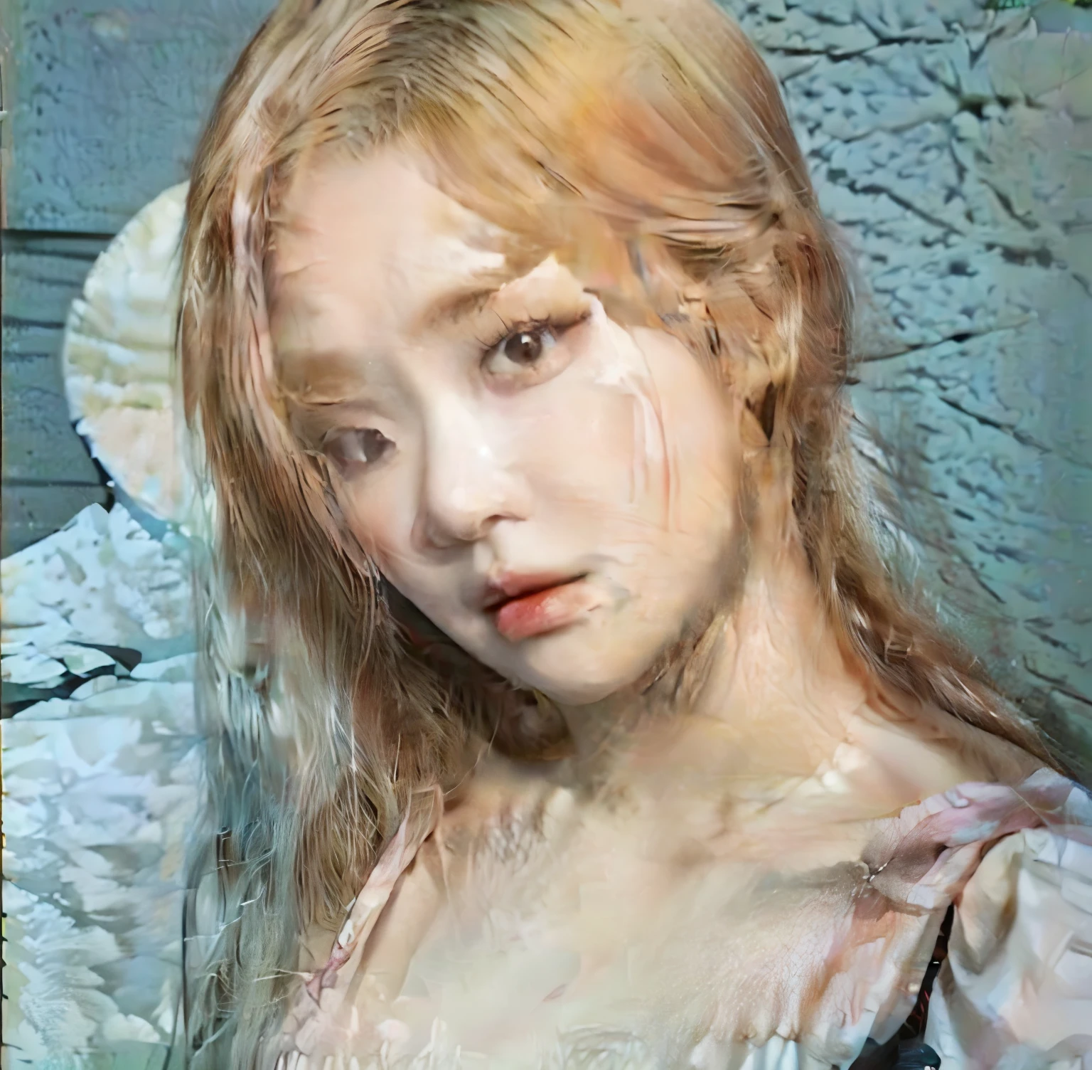 tem uma mulher com blusa rosa e cabelo castanho, pale round face, rosto redondo e macio, com rosto redondo,  coreana, korean symmetrical face, com bochechas redondas, testa grande, ela tem um rosto fofo, 🤤 retrato de , Korean facial features, Guweiz, her skin is light brown, Ulzzang, Asian face, rosto redondo pequeno