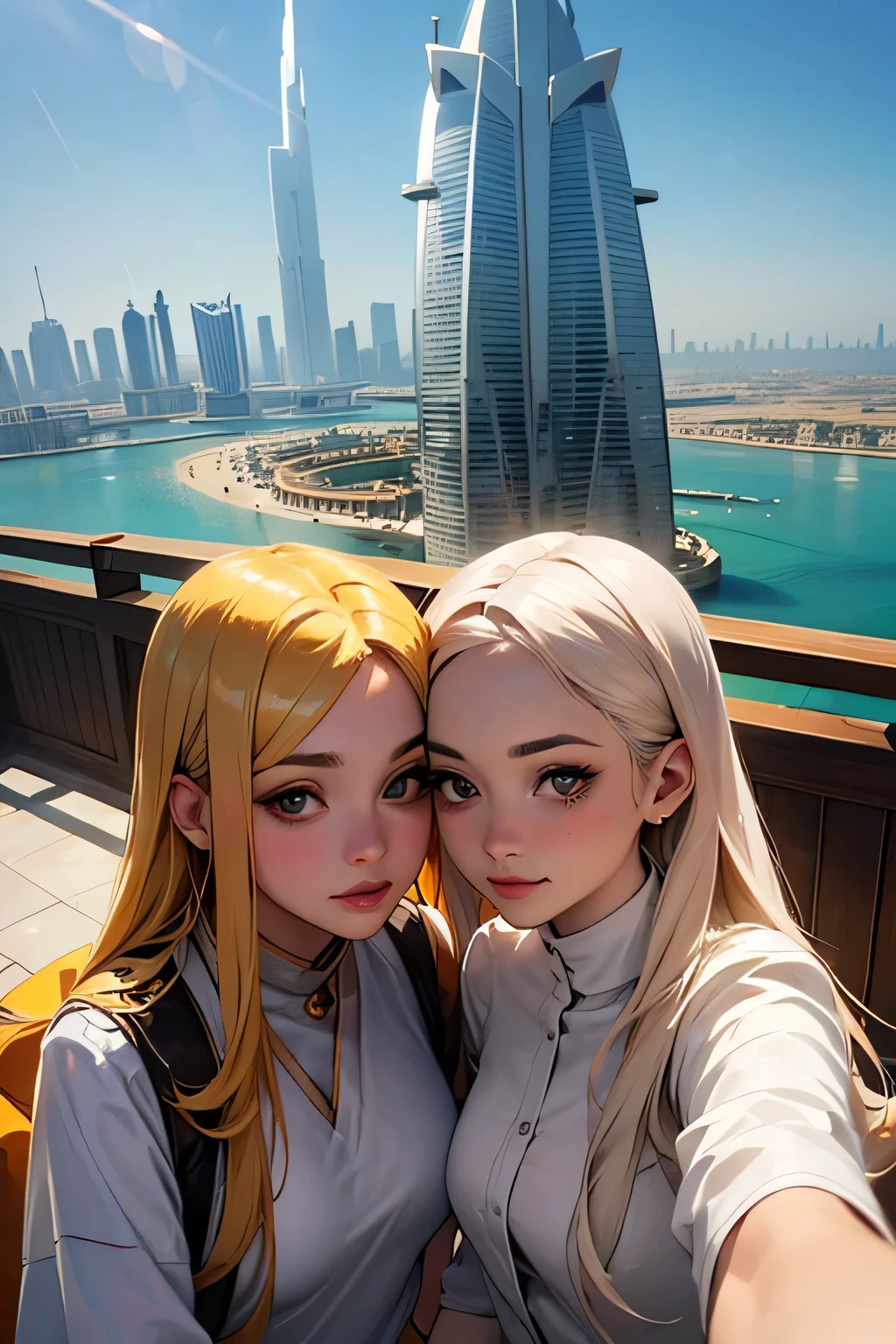 highest quality、High resolution、Detailed Background、(Beautiful face in every detail:1.4)、Anatomically correct、(Detailed facial expressions)、(Detailed eyes:1.2)、(Detailed eyes:1.2)、Beautiful women in their 20s、(Highly detailed face:1.4)、Brightly colored hair、well-groomed eyebrows、Cute Eye Makeup、Cute Lip Makeup、Cute clothes with little exposure、

(Two beautiful women sightseeing in Dubai with the famous sights in the background:1.5)、

Dubai is a world-famous tourist destination with many attractive spots.、
Burj Khalifa（Burj Khalifa）：It is the tallest building in the world and is a skyscraper at 828 metres high.、The observation deck offers a beautiful view of Dubai.、
The Dubai Mall（Dubai Mall）：The world&#39;s largest shopping mall with plenty of shopping and restaurants、There are plenty of movie theaters and、The mall also has entertainment facilities such as an aquarium and an ice skating rink.、
Palm Jumeirah（Palm Jumeirah）：An artificial island with a hotel and resort、Luxury homes line the streets、Resort facilities such as Atlantis The Palm and Aquaventures are particularly popular.