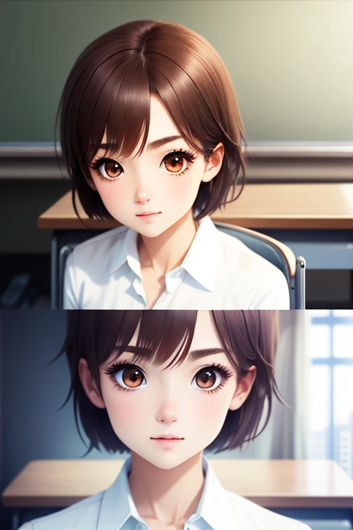 masterpiece, highest quality, superior_Mikoto, Brown eyes, short_hair, small_chest, View your viewers, alone, Closed_mouth, With collar_shirt, School_uniform, shirt, white_shirt, classroom