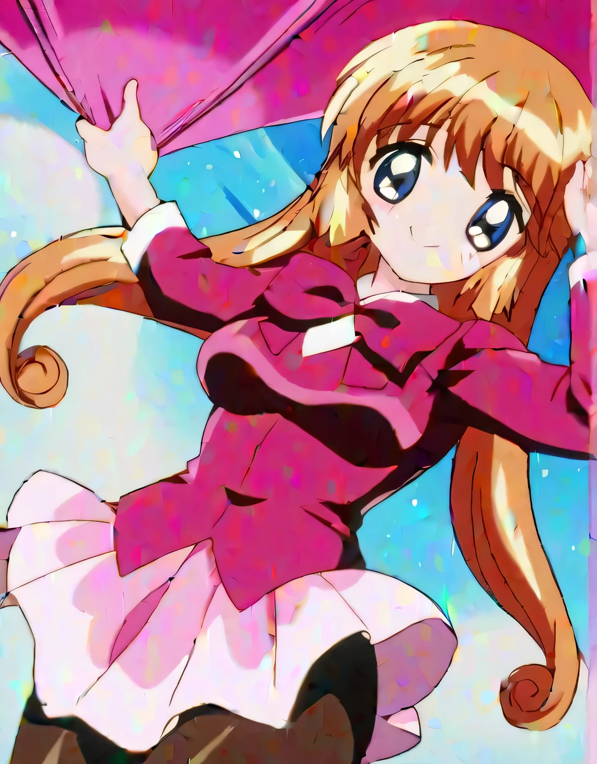 1980s \(style\), masterpiece, highest quality, One girl, alone, Long Hair, ponytail, bow, ribbon, blue eyes, Orange Hair, hair ribbon, very Long Hair, Brown Hair, gloves, elbow gloves, skirt, Magical girl, black gloves, pantyhose, bowtie, Sitting, Night Sky, big_moon, Panty shot