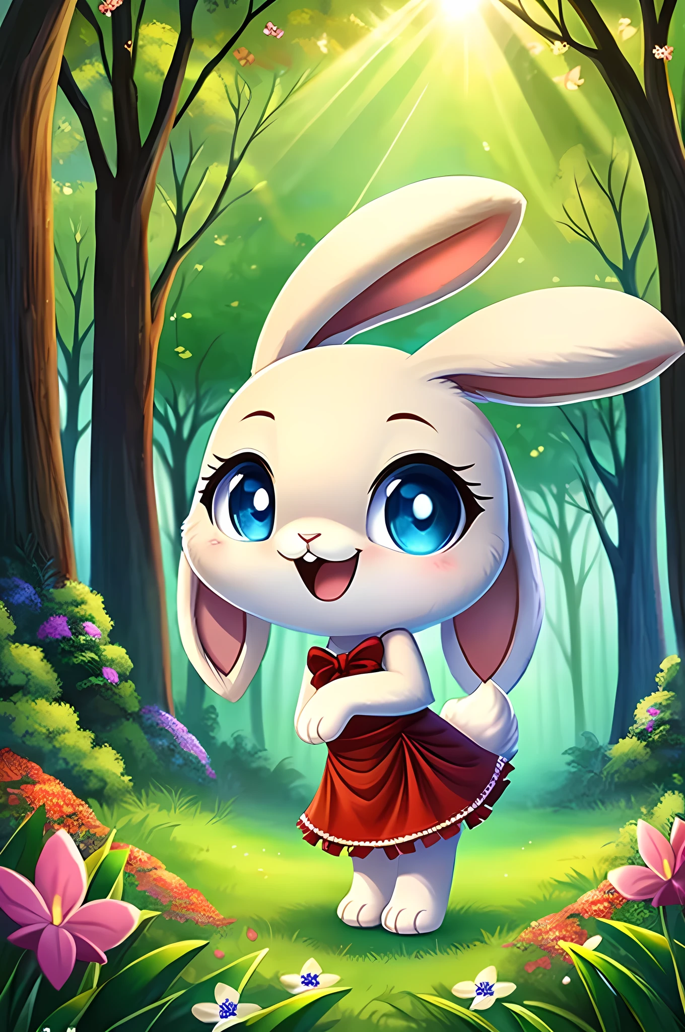 zoomed out image, ((solo character)), cute style art, fantasy style art, cute, adorable, short character, small, tiny little fluffy female white bunny with blue eyes, 4 ears, 2 extra ears, big floppy ears, long ears, ears perked up, raised ears, long eyelashes, poofy rabbit tail, wearing a red frilly ribbon dress, smiling, standing in a thick green forest, realistic forest, soft tones, big expressive smile, open mouth, wide eyes, excited eyes, excited face, looking at the scenery, looking at the trees in wonder, exploring happily, stunning visuals, sunlight coming through the trees, flowers scattered in the bushes, butterflies in the air, digital illustration