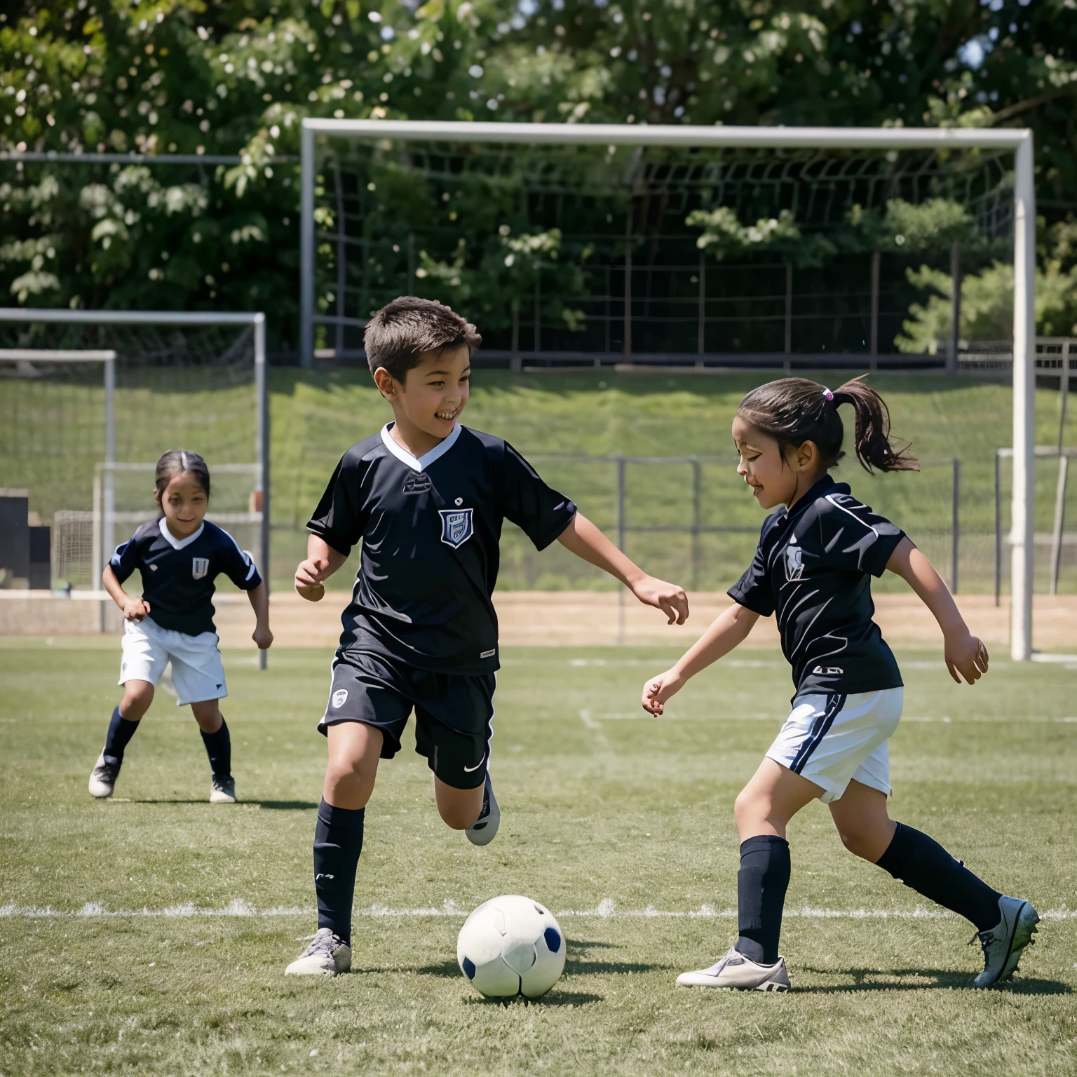  boys and girls playing soccer, on a beautiful sunny morning on a synthetic field, sonrientes 