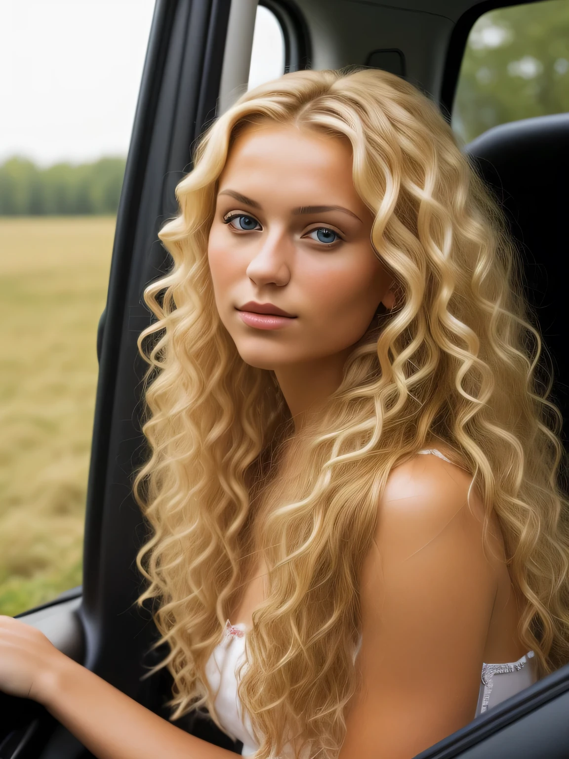 Create an image of a blonde Slavic woman. Her hair is styled in long, curly. she is sitting inside a car, you see her from inside