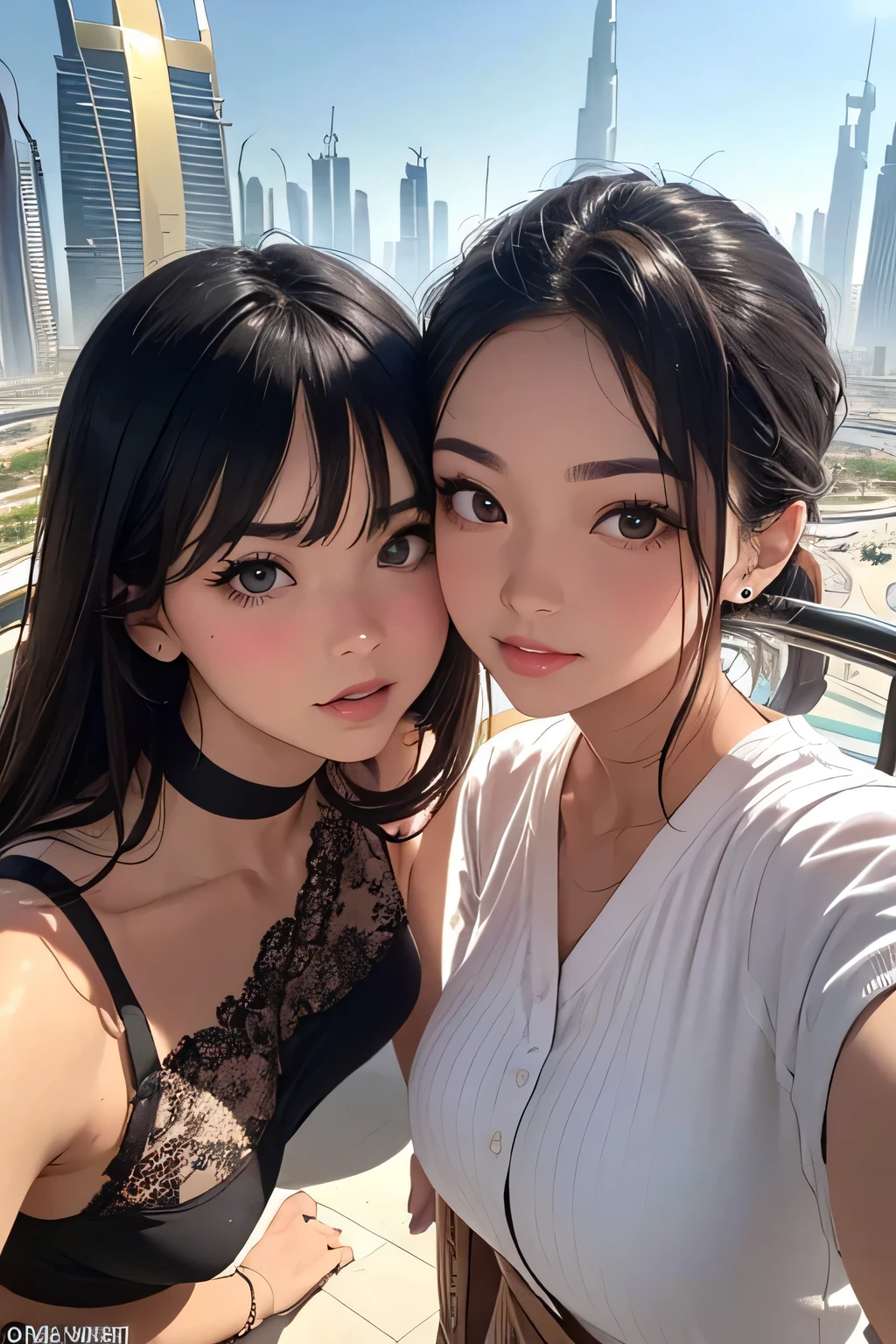 realisticlying,2 adult women,selfee,Looking Up,(Smile),Face Real,sit on a bed,A sexy、cheeks a little red,lips a little red,thick lips