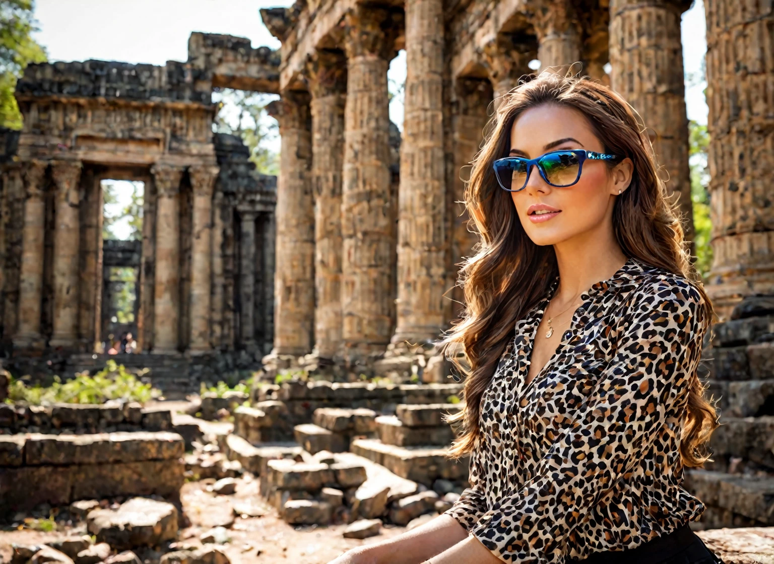 Beautiful woman, well postured, with an unparalleled beauty on her face, captivates and enchants anyone who looks at her; she wears rectangular animal print prescription glasses; your skin touched by sunlight makes the scene even more stunning. Her clothes are long and with mixed colors.
In the background, the ruins of an ancient temple with many entrances almost falling down, the scene is bathed by a dense forest with branches in the construction; next to the main scene, a solitary tree helps to adorn the woman's beauty.
To capture this extraordinary scene, it would be necessary to use the best camera available, equipped with high-resolution lenses and the ability to capture light in adverse conditions. A high-end digital medium format camera is recommended, such as the Phase One XF IQ4 150MP, capable of capturing incredible detail and vibrant colors even in low-light conditions. To compose the image, it would be ideal to use a wide-angle lens to capture the entire length of the launch platform and the sea in the background. The aperture of the diaphragm must be adjusted to allow enough light in while maintaining depth of field to ensure that both the woman and the scene are in focus. Furthermore, the use of advanced post-processing techniques would be essential to enhance image details, adjust exposure, and balance colors to achieve maximum visual impact.