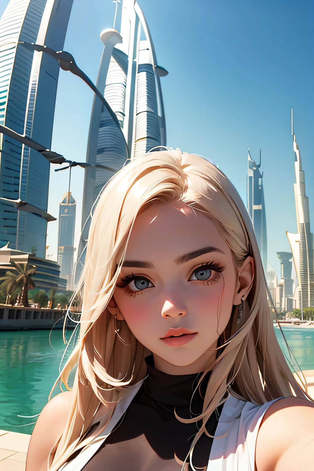 highest quality、High resolution、Detailed Background、(Beautiful face in every detail:1.4)、Anatomically correct、(Detailed facial expressions)、(Detailed eyes:1.2)、(Detailed eyes:1.2)、Beautiful women in their 20s、(Highly detailed face:1.4)、Brightly colored hair、well-groomed eyebrows、Cute Eye Makeup、Cute Lip Makeup、Cute clothes with little exposure、
(Two beautiful women sightseeing in Dubai with the famous sights in the background:1.5)、
Dubai is a world-famous tourist destination with many attractive spots.、
Burj Khalifa(Burj Khalifa):It is the tallest building in the world and is a skyscraper at 828 metres high.、The observation deck offers a beautiful view of Dubai.、
The Dubai Mall(Dubai Mall):The world's largest shopping mall with plenty of shopping and restaurants、There are plenty of movie theaters and、The mall also has entertainment facilities such as an aquarium and an ice skating rink.、
Palm Jumeirah(Palm Jumeirah):An artificial island with a hotel and resort、Luxury homes line the streets、Resort facilities such as Atlantis The Palm and Aquaventures are particularly popular.