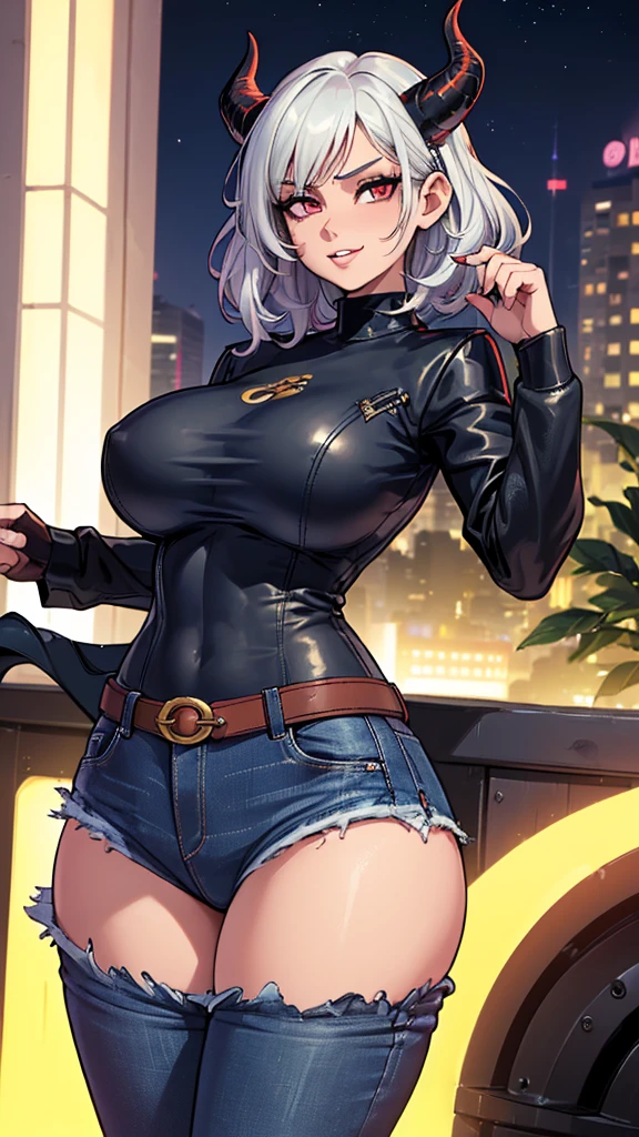 Masterpiece: 1.3, 1 girl ((25 years old, dressed in a tight shirt, leather jacket and dark blue jeans, leather boots, huge breasts, short bright-white hair, beautiful face, perfect model body, big dragon horns, bright red eyes: 1.4, crazy, big smile, looking at the girl:1.2, oasis in the background at night: 1.1, beautiful and energetic atmosphere:1.2))