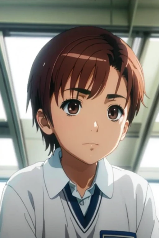 masterpiece, highest quality, superior_Mikoto, Brown eyes, short_hair, small_chest, View your viewers, alone, Closed_mouth, With collar_shirt, School_uniform, shirt, white_shirt, classroom