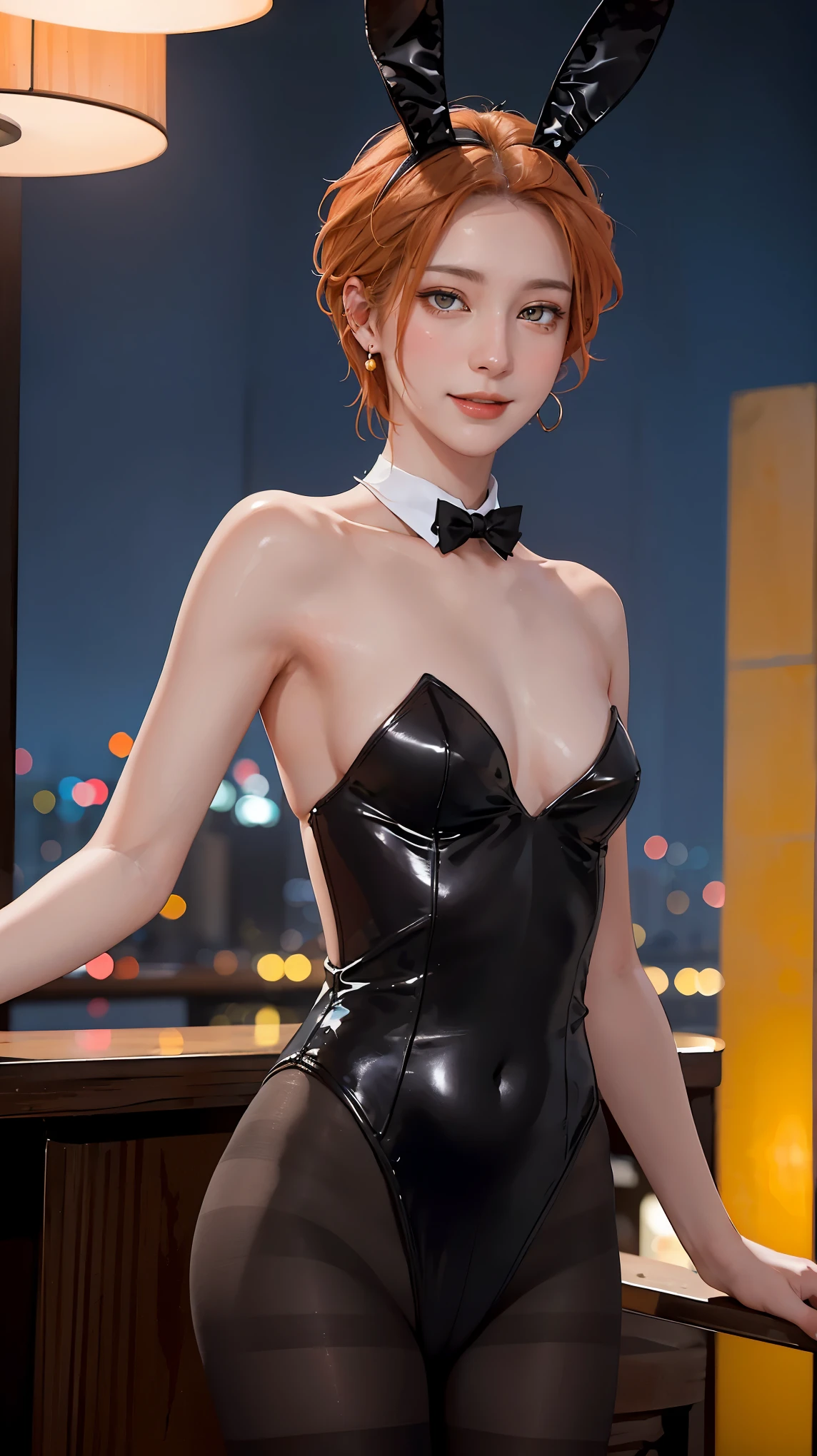 ((((masterpiece, best quality, high resolution)))), Extremely detailed 8K, Beautiful girl with voluptuous body, (Ultra HD, Ultra-detailed, Highly detailed, Highly realistic, Ultra-realistic, photograph realistic), (1girl:1.5), (orange hair), (short wavy hair, earrings), (dynamic poses), facing at camera, looking at viewer, (blushing red, embarrassed, smile), (grey eyes, sharp eyes), (small perky breasts:1.2), (beautiful detailed face, beautiful detailed eyes), ((black Playboy bunny, pantyhose, fake rabbit ears)), (standing up), sweat, glow, (night), ((cowboy shot)), jazz bar