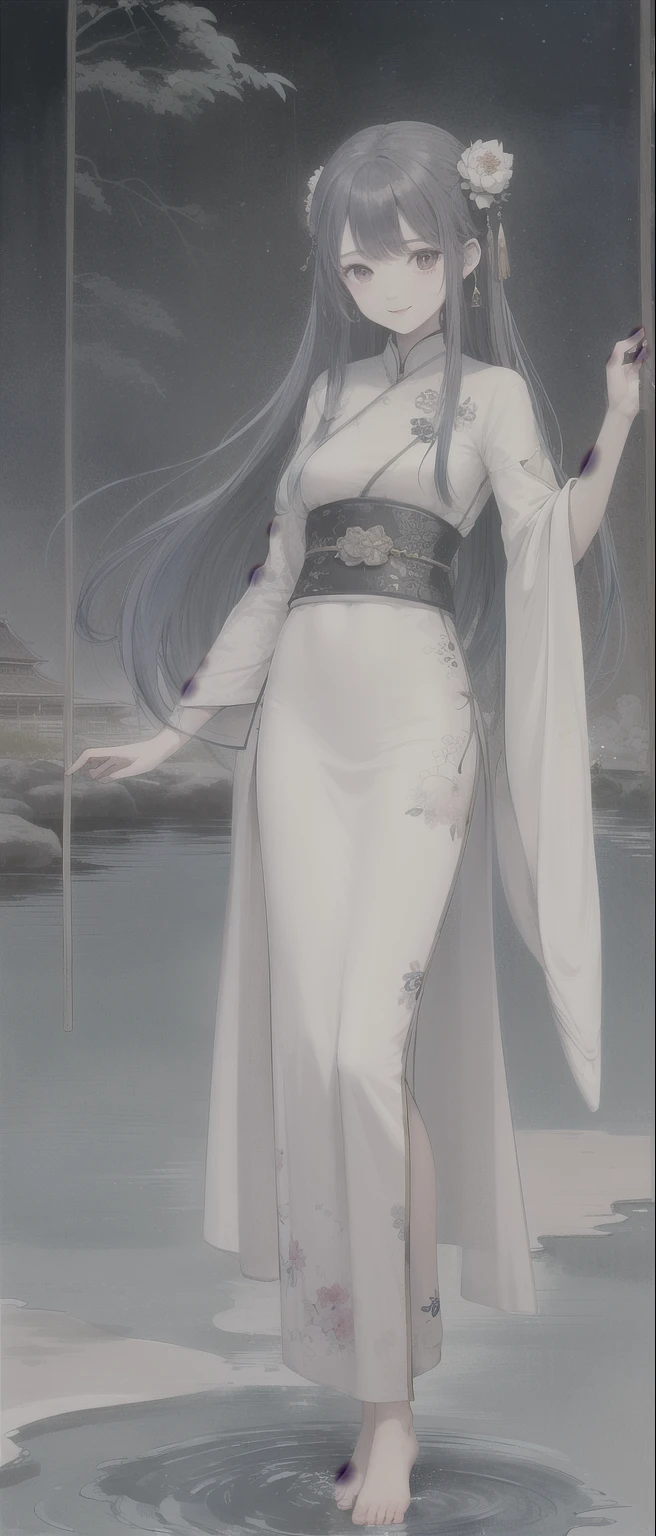 ((4K,masterpiece,highest quality)), Shui Movissim, Traditional Chinese Ink Painting, Lotus, Hanfu, Maxi Kit, A girl dressed modestly, alone, Long Blue Hair, smile, Are standing, Soak your feet in water, barefoot,
