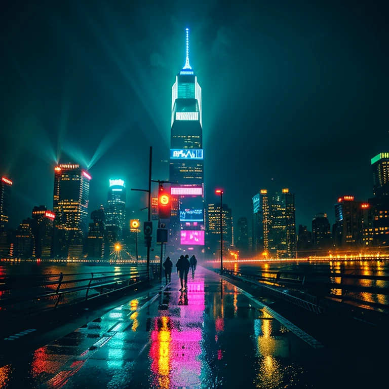 new york, Futuristic, 2040s, city, cyber punk, cyber punk city, cyber punk style, Neon Light, rain, fog, at night, road, Ground View, tall city, lake, city background, no one, 8k, masterpiece, High resolution, Attention to detail