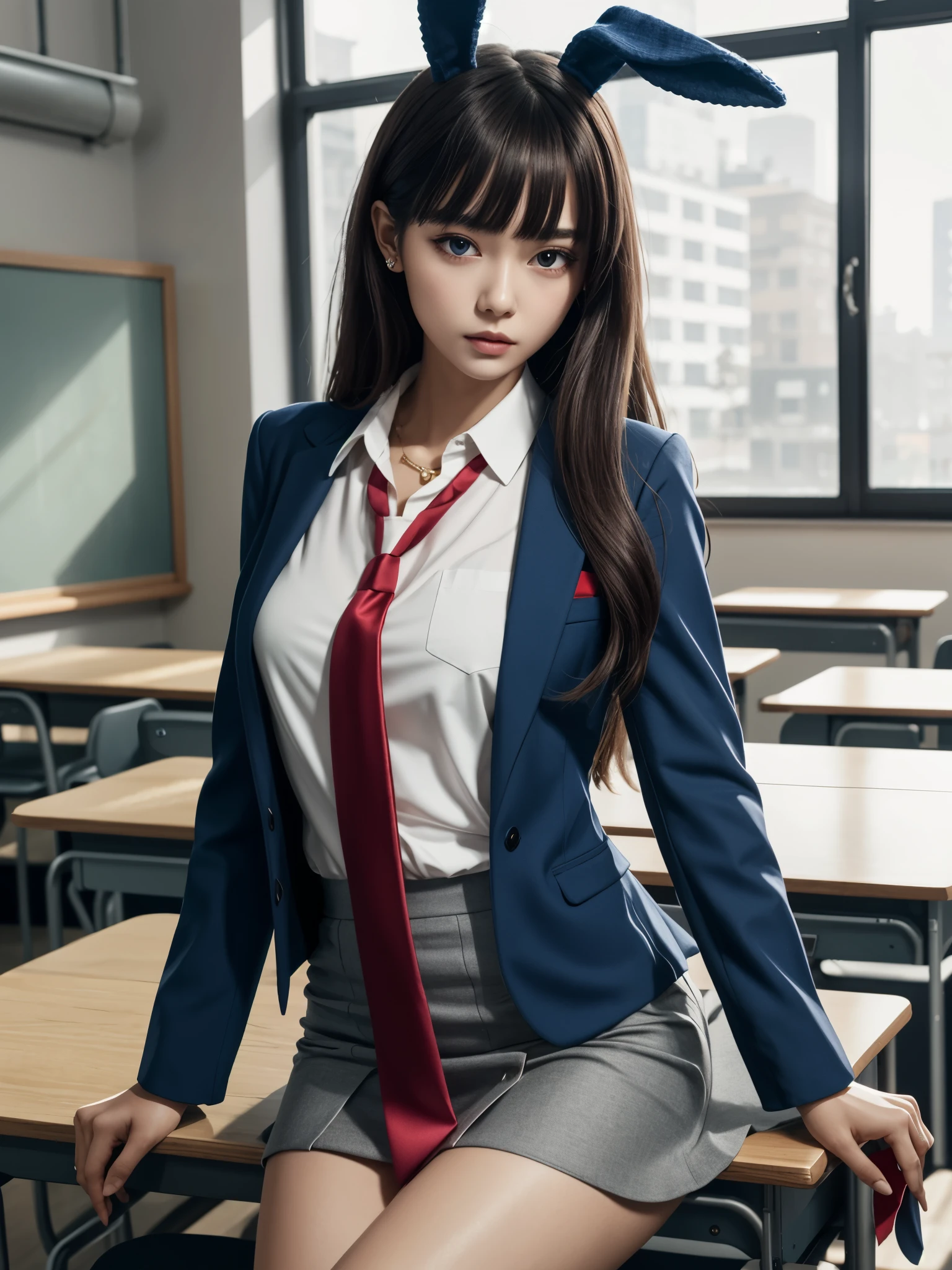 bunny girl wearing , BREAK, 1girl, detailed bunny ears, detailed face, blue suit jacket, mini skirt, thigh, red necktie, absurdly long hair, very long hair, bangs, red eyes, blouse, looking at viewer, classroom, knitted v-neck t-shirt, seductive expression,