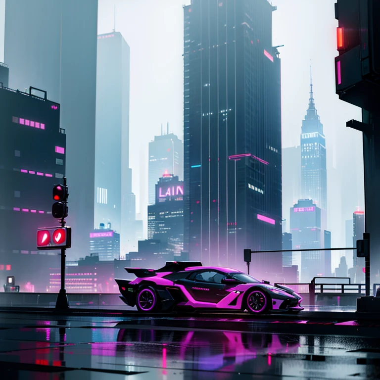 new york, Futuristic, 2040s, city, cyber punk, cyber punk city, cyber punk style, Neon Light, rain, fog, at night, road, Ground View, tall city, lake, city background, no one, 8k, masterpiece, High resolution, Attention to detail