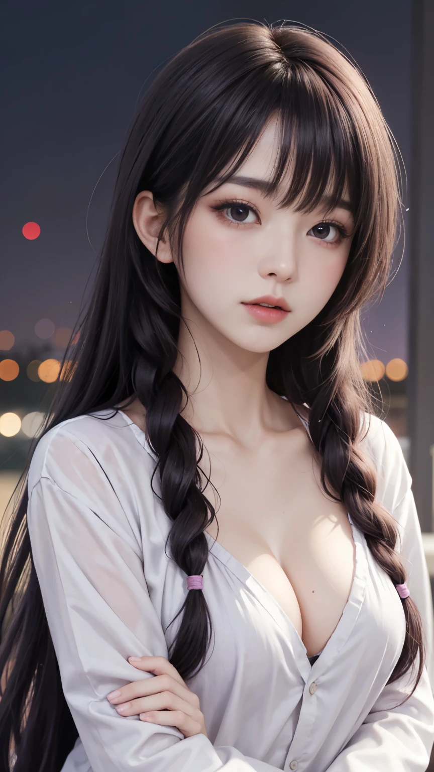 background（Black Night Sky，Big Moon），Close-up of a woman，Wearing a white shirt、Purple Hair，Very long hair，very thick braids，Purple eyes，big ， realistic girl rendering, 8k artistic german bokeh, Enchanting girl, Real Girl, Gurwitz, Gurwitz-style artwork, Girl Roleplay, Realistic 3D style, cgstation Popular Topics,, 8K Portrait Rendering,（truth，truth：1.4），Wear pink pajamas，巨big ，Sparkling eyes，Purple eyes