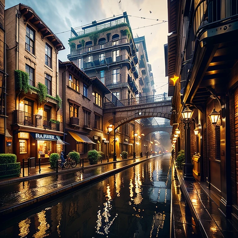 ((masterpiece)),((highest quality)),((Attention to detail)),((Realistic,))
Industrial City, There is a deep canyon in the middle, Architecture Street, Bazaar, bridge, Wet day, steampunk, European architecture