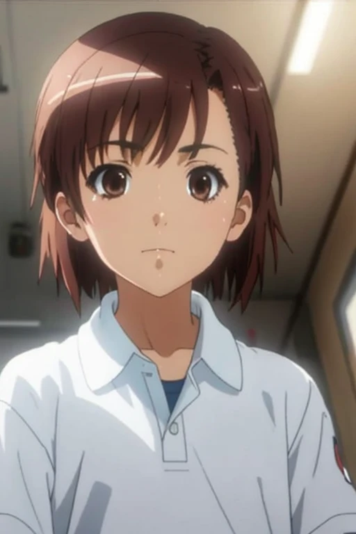 masterpiece, highest quality, superior_Mikoto, Brown eyes, short_hair, small_chest, View your viewers, alone, Closed_mouth, With collar_shirt, School_uniform, shirt, white_shirt, classroom