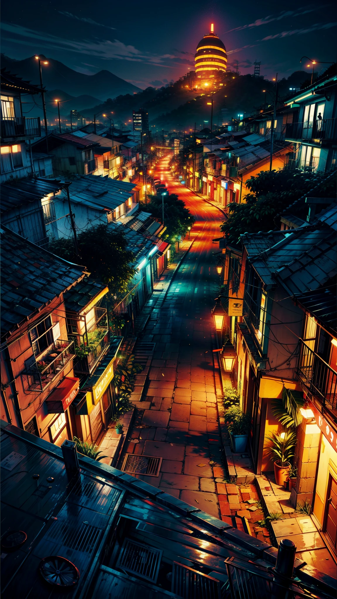 Excelente qualidade, obra de arte, High Resolutisobre, A city lit up at night with a mountain in the background, favela futurista, um ambiente de favela opulento, favela, favelas, Sci - Escultura de Favela de Fi:, cidade colorida, rio de janeiro favela, cores do bipe, Favelas no Rio, beeple global illumination, Location ( favela ), lindas luzes coloridas