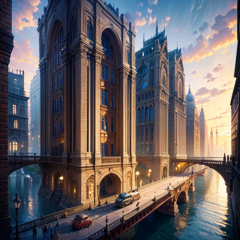 ((masterpiece)),((highest quality)),((Attention to detail)),((Realistic,))
Industrial City, There is a deep canyon in the middle, Architecture Street, Bazaar, bridge, Wet day, steampunk, European architecture