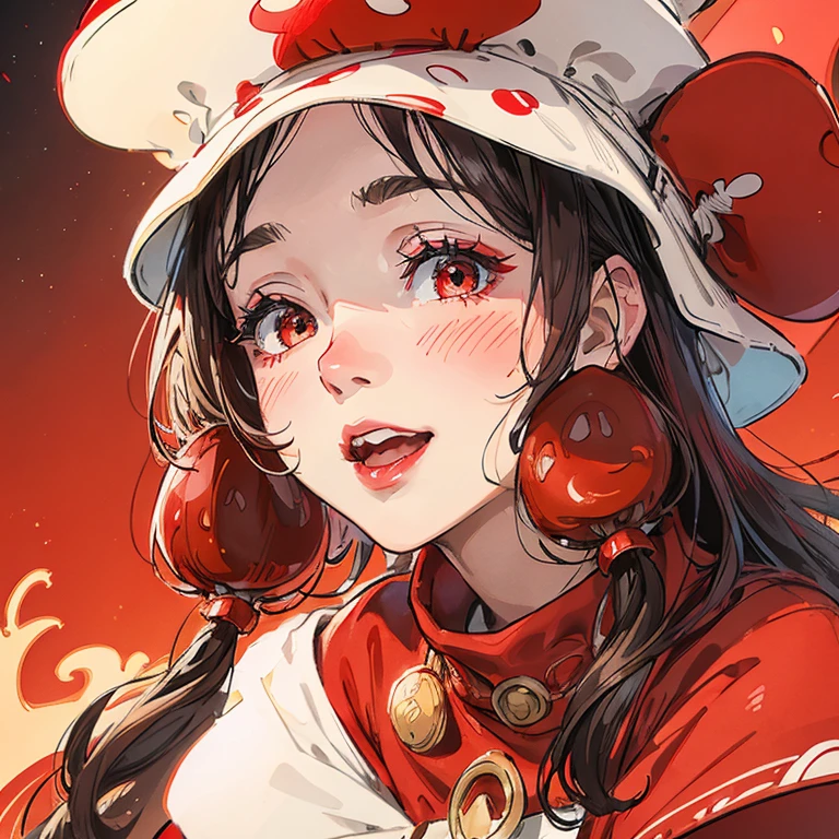 1 girl, beautiful girl, wavy hair, red cheeks, red lipstick, happy expression, mushroom hat, red clothes 