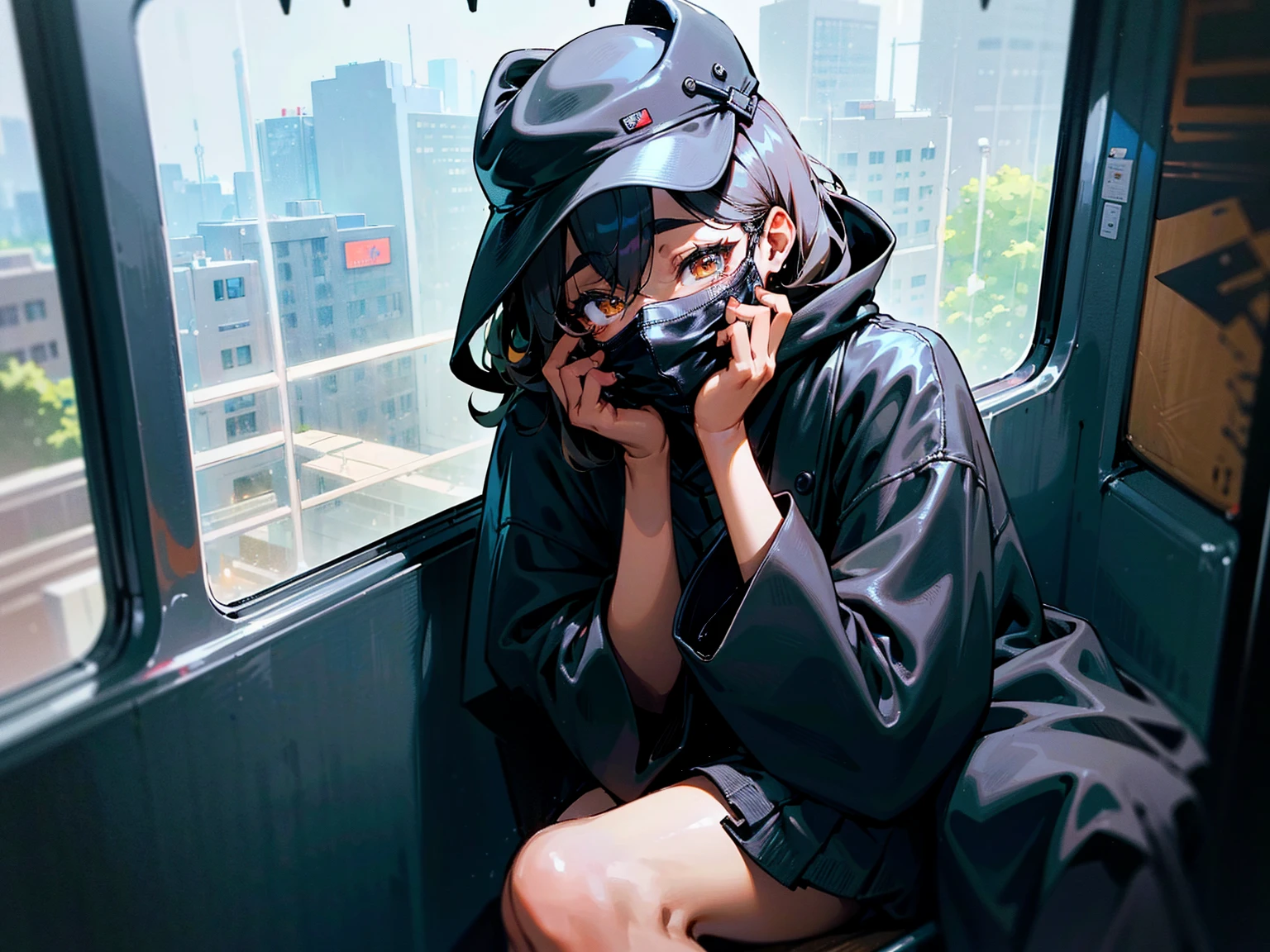 A yellowish tan-skinned Indonesian age girl with black curly hair and brown eyes sitting all alone on the far end of a city bus seat, next to the window as it visibly rains outside, setting a somber mood. The girl is wearing an all-black outfit consisting of a leather coat that's fully buttoned up, leather gloves, a skirt, fully opaque tights, ankle-high boots, a fedora, and a black face mask tightly sealed against her face, fully concealing her nose and mouth. She also has her chin resting on her hand close to the window and is noticeably depressed, while her other hand rests at her side. The atmosphere is very depressing.