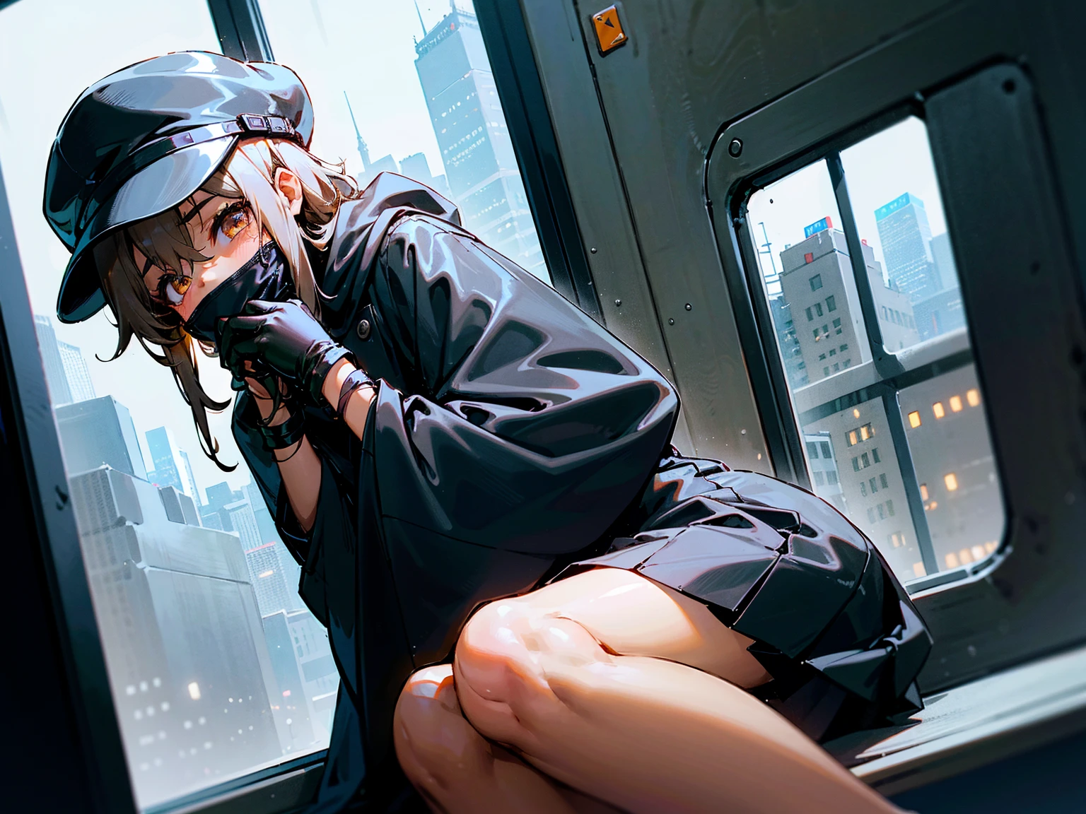 A yellowish tan-skinned Indonesian age girl with black curly hair and brown eyes sitting all alone on the far end of a city bus seat, next to the window as it visibly rains outside, setting a somber mood. The girl is wearing an all-black outfit consisting of a leather coat that's fully buttoned up, leather gloves, a skirt, fully opaque tights, ankle-high boots, a fedora, and a black face mask tightly sealed against her face, fully concealing her nose and mouth. She also has her chin resting on her hand close to the window and is noticeably depressed, while her other hand rests at her side. The atmosphere is very depressing.