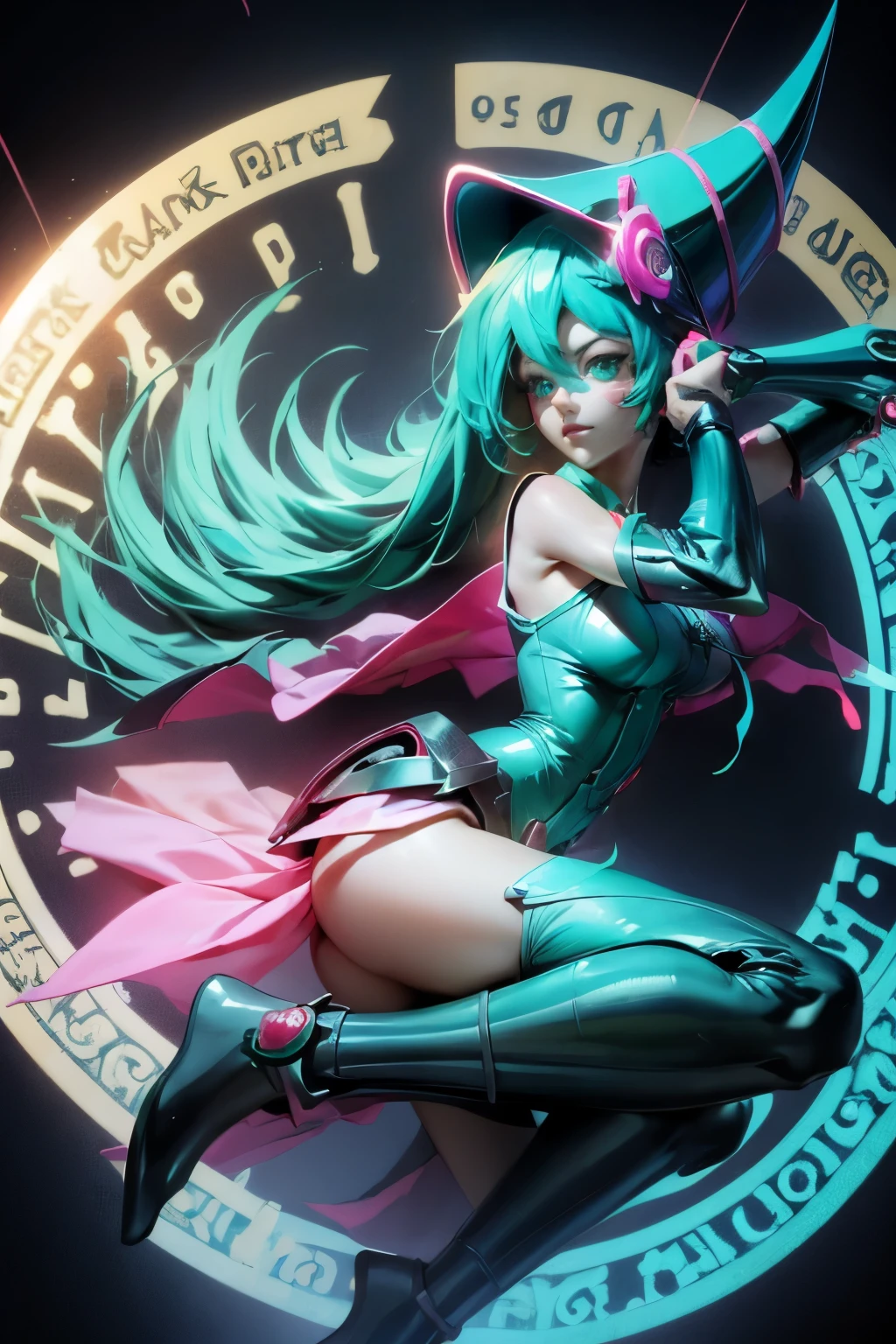 Hatsune Miku disfrazada de dark magician gils. Pose sensual y seductora. Fondo de magia