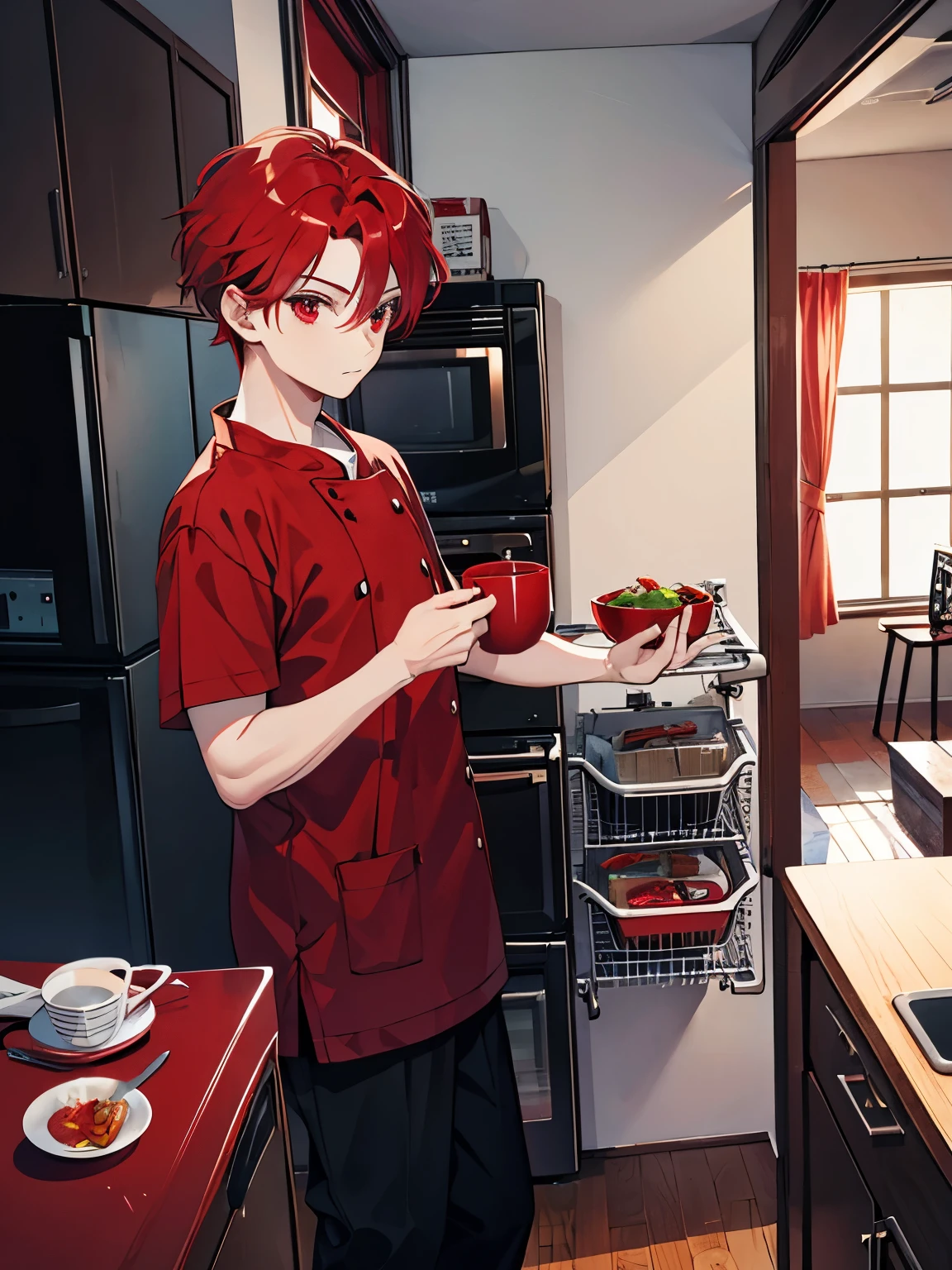 　male　Red eyes　Red Hair　Showa Retro　kitchen　Opening the refrigerator