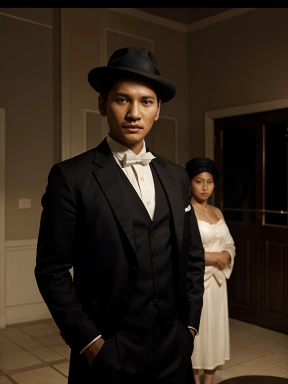 A theatre poster about Jose Rizal. The backround should be black, Jose rizal is in the frame, he wears a black and white suit and a hat, he us holding a lamp, the lamp symbolizes his memories. Behind him,  there are the important people in his life, his mom, dad, brother, two sisters, his first love and his wife. They all are wearing white as a symbol that they are just hallucinations/memories of rizal