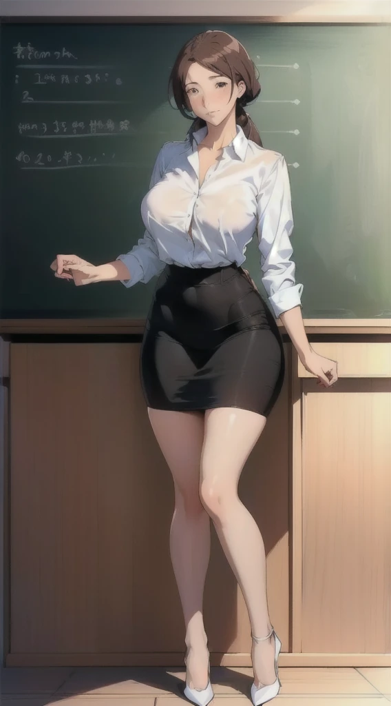 personaje de anime de una mujer con falda corta y camisa parada frente a una pizarra, colegiala realista, large muslos, grueso, hypercolegiala realista, un hiperrealista , proporciones de oppai, de pie en clase, thick muslos, muslos!!!, retrato de cuerpo entero de un corto!, piernas gruesas, Totalmente vestida!!!, oppai, muslos focus