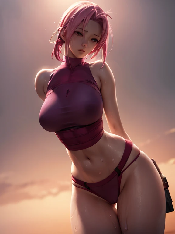 Hyper realistic {sakura haruno, (sweaty)}, perfect symmetrical body, thin waist, {sensualizing holding the buttocks}, facing away from the camera, symmetrical face, ideal human, 85mm lens, f8, photography, ultra details, natural light, backlight, photo, studio lighting