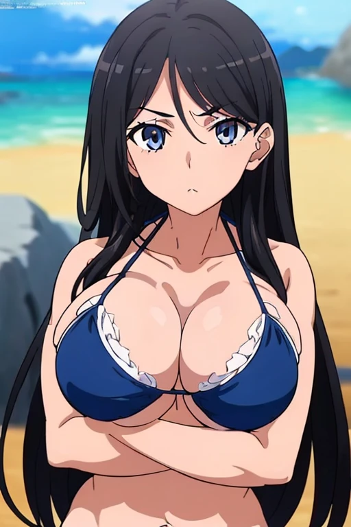 (masutepiece, Best Quality, High resolution, anime screen cap, anime colours, megami magazine:1.2, anime poster style, anime keyvisual, sharp, 8k, photorealistic), (beautiful eyes:1.5), Blowmailing, 1girl in, Cute, blush, (Long Black Hair), (sagging :1.5), underboob, cleavage, (blue :1.5), (perfect detailed crossed arms:1.5), upper body, ((Perfect , beautifull detailed face, Beautiful detailed eyes, beautiful detailed hair, Beautiful detailed body)), thick outline, Beautiful outlines, black outlines