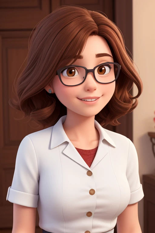 Uma mulher de 56 anos, with medium brown hair, Rosto redondo, sorriso encantador, e olhos castanhos, wearing glasses.