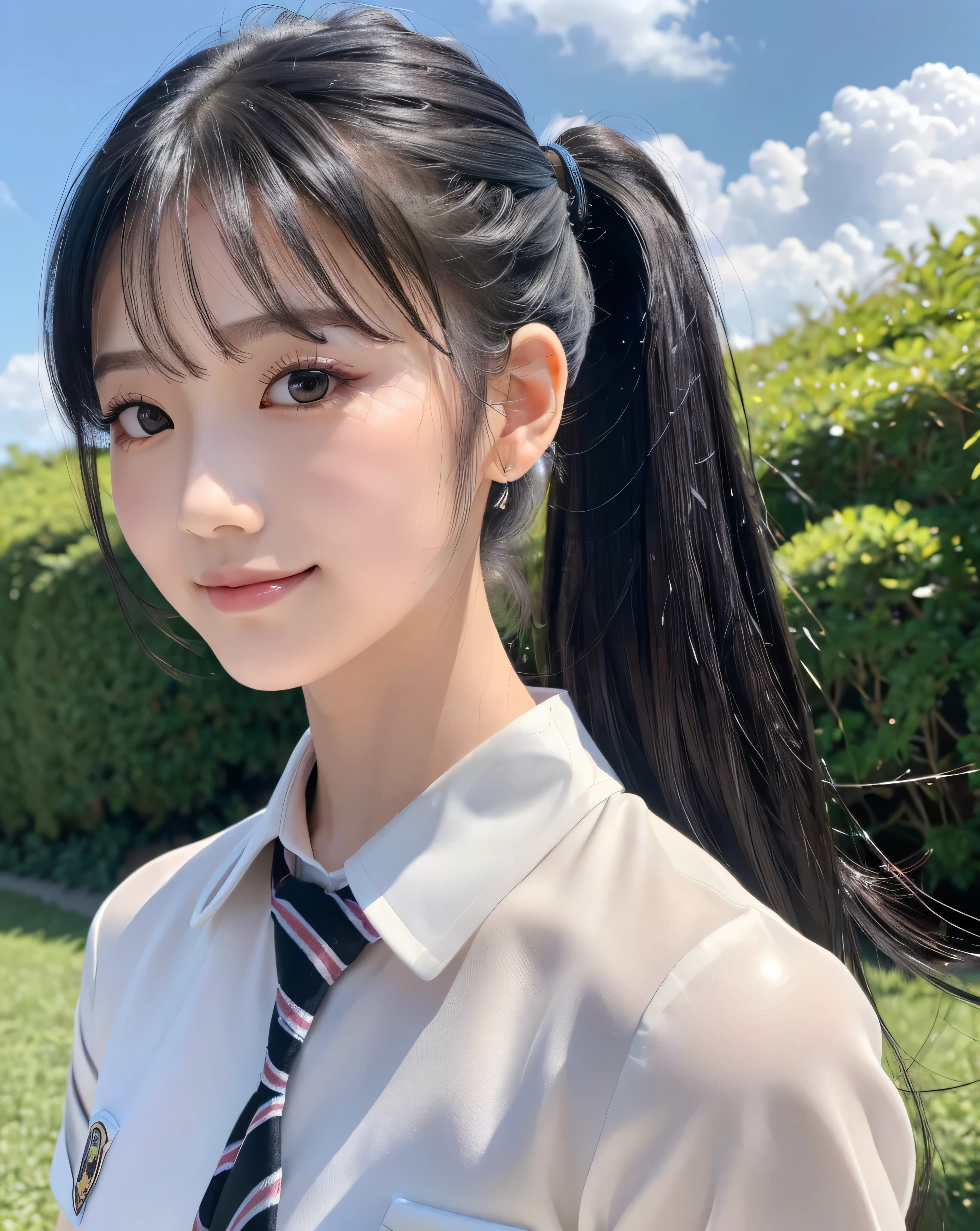 (highest quality, 32k, High resolution, Masterpiece:1.5, ), god々A photograph with brilliant dazzling and healing power., Evoking a sense of calm and elusive beauty, Expressing emotions, Have a rich imagination, Beautiful Japanese Girls, An exceptionally beautiful face, Perfect Human Anatomy, Magical big eyes, fleeting smile, Motherhood and generosity, ((Shiny black hair:1.3), ((Beautiful ponytail)), Asymmetrical bangs, Hair between the eyes, Transparent, soft white skin, Neat, thin eyebrows, double eyelid, Natural Makeup, Cheek highlighter, Pale pink detailed lips, ((School Uniform:1.4)), White dress shirt, Longer ties, Grey pleated skirt, Detailed summer sky, Slim figure with ample breasts, High resolutionの美しい太もも, Hair that shines in the dazzling midsummer sunlight, Professional Lighting, Professional photographer, Professional models, God's Secret