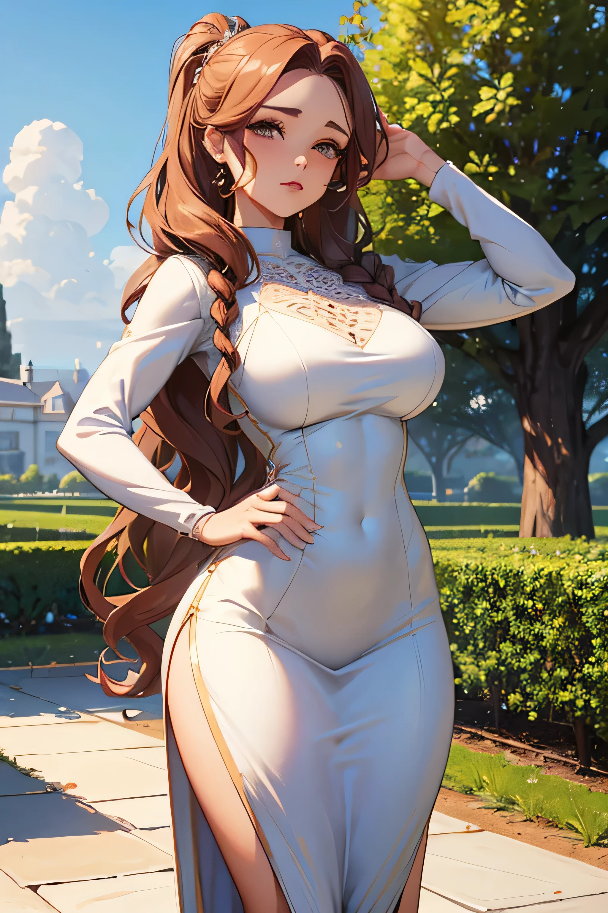 A winery with a beautiful garden, 4K, pretty girl, (Random Hairstyles:1.2), Sculpture model pose, Wavy Hair, Hourglass figure in sweatshirt dress, Trypophobia Eyes, beautiful girl, An athletic body, masterpiece, Realistic, (masterpiece:1.3)