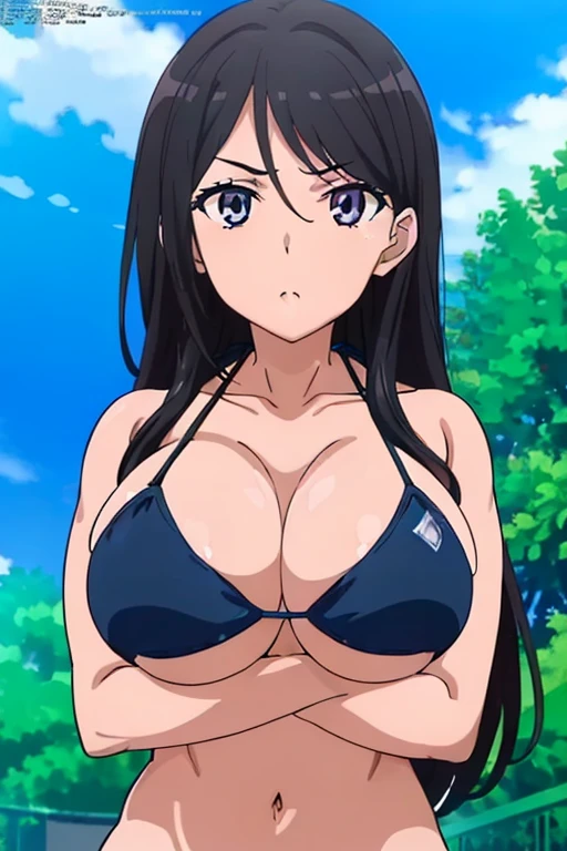 (masutepiece, Best Quality, High resolution, anime screen cap, anime colours, megami magazine:1.2, anime poster style, anime keyvisual, sharp, 8k, photorealistic), (beautiful eyes:1.5), Blowmailing, 1girl in, Cute, blush, (Long Black Hair), (natural large breasts:1.5), underboob, cleavage, (blue Bikini:1.5), (perfect detailed crossed arms:1.5), upper body, ((Perfect Anatomy, beautifull detailed face, Beautiful detailed eyes, beautiful detailed hair, Beautiful detailed body)), thick outline, Beautiful outlines, black outlines