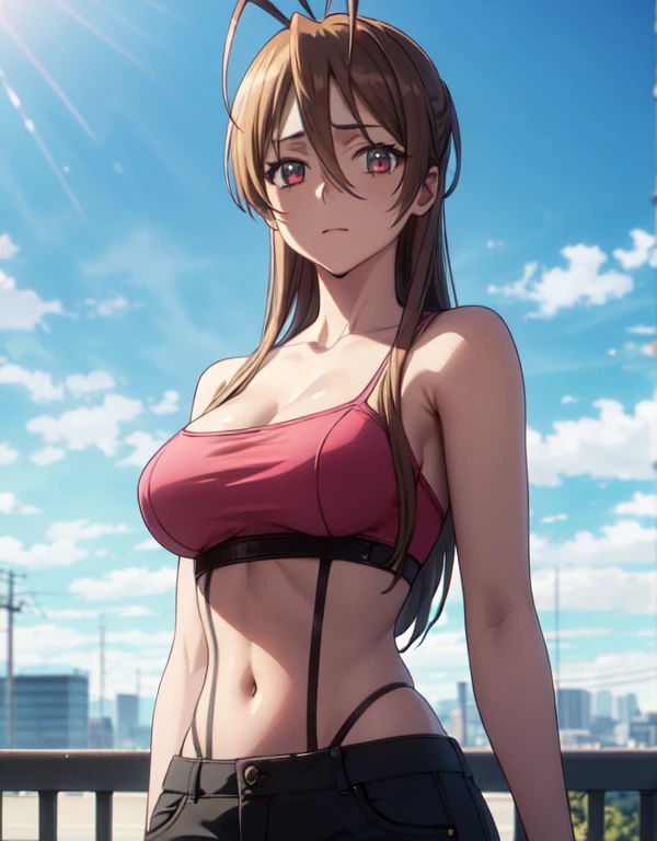 highres, absurdres,rei miyamoto, ,closed mouth,(Large breasts:1.5),Looking at Viewer,Standing,((masterpiece)),((Best Quality)),Perfect Anatomy,8K UHD,extremely detailed face,gloss and shiny,((1girl)),((Solo)),(Beautiful detailed eyes:1.5),perfect Image,(Upper body:1.1),(Look at the front:1.1),Arms behind back,Slim waist,shiny hair,outdoors,brown hair,detailed body