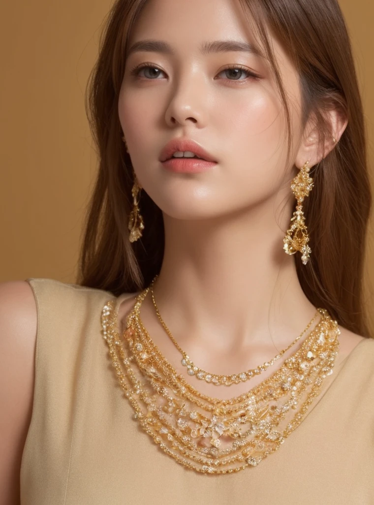 A Korean woman with long hair, smooth and dark, a pale skin, dark brown eyes, small-nose, small and fleshy mouth, wearing a designer dress and gold and diamond jewelry, small wrinkles and expression lines showing that you are an older person