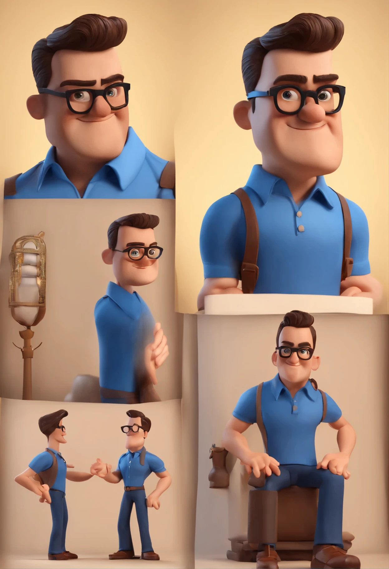 Cartoon character of a man in black glasses and blue shirt, animation character, Caractere estilizado, animation style rendering, 3D estilizado, Arnold Maya rendering, Stylized 3D rendering, toon render screenshot, Personagem 3D, Personagem 3D, Stylized 3D rendering, 3D character rendering, personagem de desenho animado, Personagem de close up, Pose de personagem,  (Estilo Pixar) (parte mestre:1.2) (Bokeh) (melhor qualidade) (pele detalhada) (textura detalhada) (8k) (argila) (cinematic lighting) (sharp focus