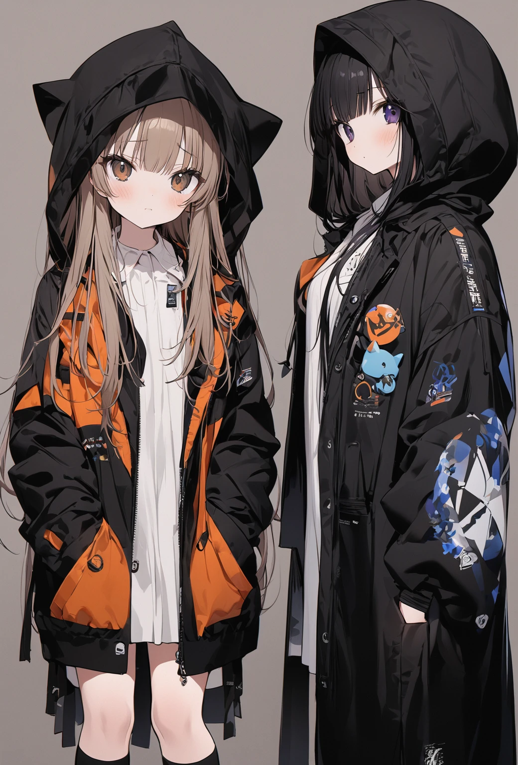 ((highest quality)), ((masterpiece)), ((Very detailed)), (非常にcute),絹のような優しい薄い茶色の髪のcute高身長のwoman, alone, Cute attitude,(()),woman(170cm)はandても(cute)and(cute)Gentle brown silky hair,background(bright)eye(Ruri-iro),真っ白な何も無い部屋のbackground,Long Hair - Straight,Knee-high socks、Wearing a jacket with some decoration in three colors: white, black, and orange、Wearing a loose hood、Facing the viewer、sister、Feeling loose、White wall、An illustration