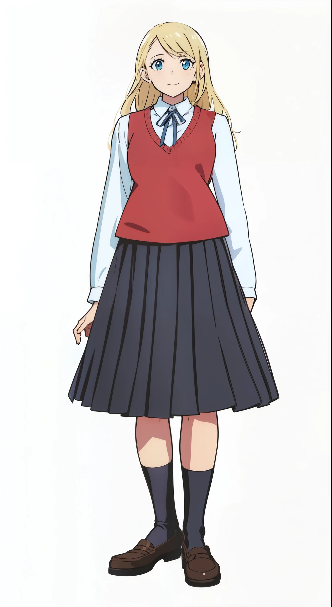 (cheerful:1.0), (white background:1.0), (best quality:1.0), (masterpiece:1.0), (super fine illustration:1.0), (beautiful artwork:1.0), (anime screencap:1.0), (official art:1.0), (solo:1.0), (european:1.0), (a 18yo cute girl:1.0), (long skirt:1.0), (black skirt:1.0), (pleated skirt:1.0), (red knit vest:1.0), (white long sleeve collared shirt:1.0), (blue neck ribbon:1.0), (loafers:1.0), (black socks:1.0), (ideal ratio body proportions:1.0), (lanky:1.0), (tall:1.0), (slender:1.0), (small breasts:1.0), (smaller face:1.0), (tareme:1.0), (freckles:1.0), (detailed beautiful eyes:1.0), (detailed beautiful face:1.0), (glowing blue eyes:1.0), (long hair:1.0), (swept bangs:1.0), (blonde hair:1.0), (standing:1.0), (looking at viewer:1.0)