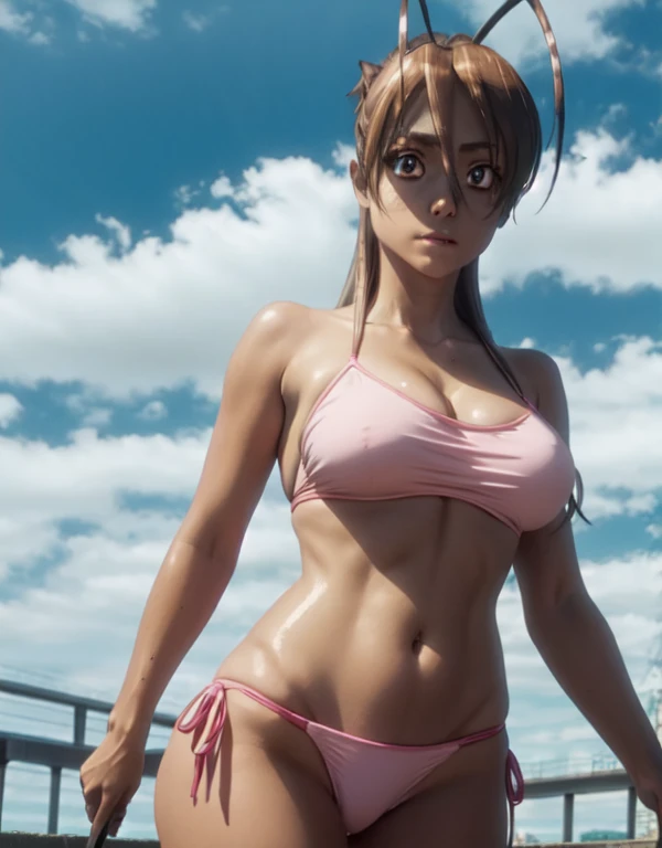 highres, absurdres,rei miyamoto, ,closed mouth,(Large breasts:1.5),Looking at Viewer,Standing,((masterpiece)),((Best Quality)),Perfect Anatomy,8K UHD,extremely detailed face,gloss and shiny,((1girl)),((Solo)),(Beautiful detailed eyes:1.5),perfect Image,(Upper body:1.1),(Look at the front:1.1),Arms behind back,Slim waist,shiny hair,outdoors,brown hair,detailed body, wearing tight bikini